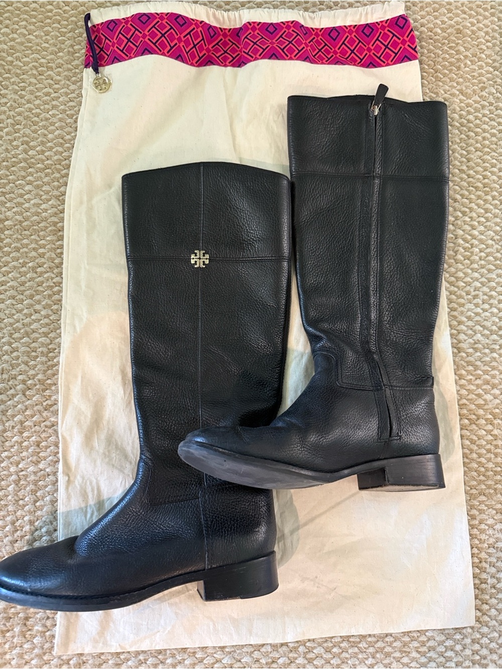 Tory Burch Black Pebbled Leather Tall Riding Boots with Gold Logo